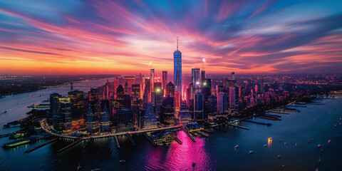 New York Manhattan panorama with America USA flag, vanilla sky lots of fireworks at sunset. 4 July...