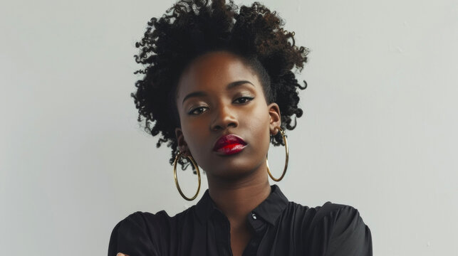 A fierce portrait of a young black woman her arms crossed and her head held high in determination. She exudes a commanding presence her bold red lipstick and large hoop earrings adding .