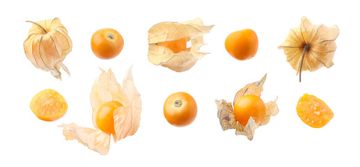 Ripe orange physalis fruits isolated on white, set