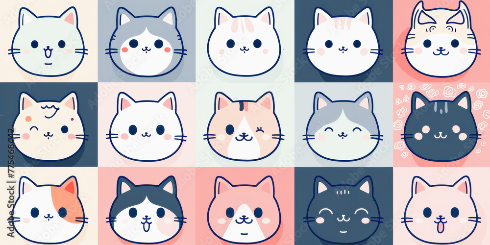Poster a collection of cute, stylized cat faces with different patterns and expressions in a grid layout on