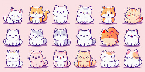 Obraz premium A collection of cute, cartoon-styled cats featuring a variety of patterns and expressions on a purple background.