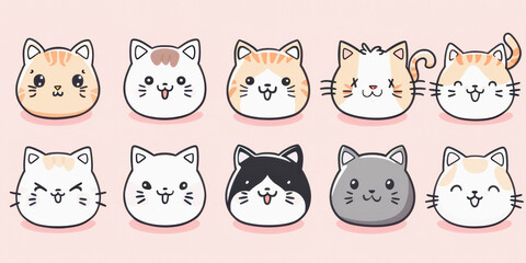 Ten cute, cartoon-styled cat faces with various markings and expressions on a pink background.