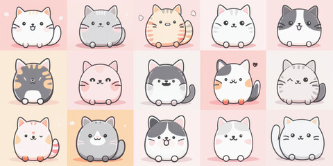 A collection of cute cartoon cats in various colors and expressions set against a pink gradient background. - obrazy, fototapety, plakaty