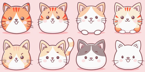 Eight cute cartoon cats with various colors and markings smiling in a stylized, adorable design on a light background.