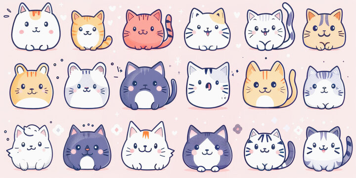 Illustration of sixteen cute and colorful cartoon cats with various expressions and patterns on a pastel background.