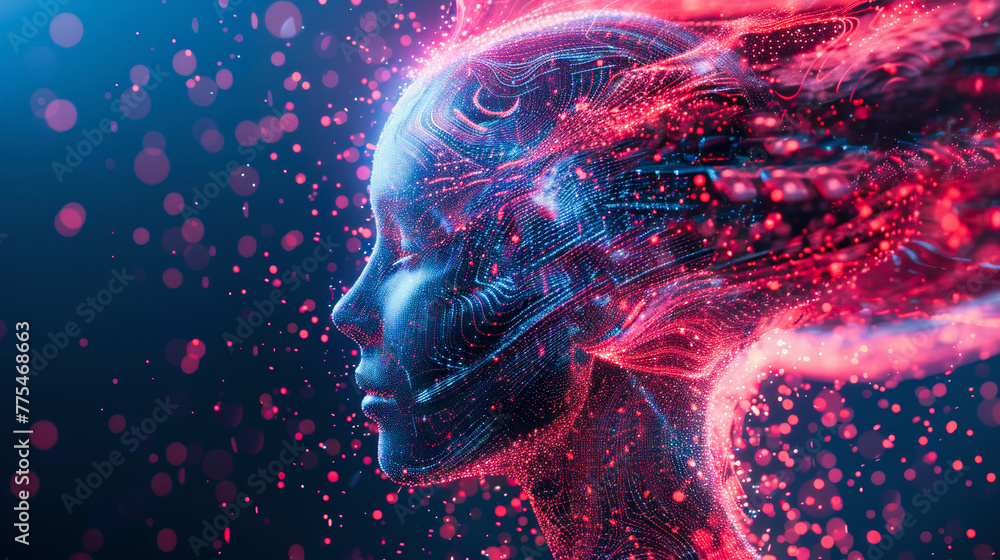 Poster digital human silhouette with neural network theme reflecting advanced technology, artificial intell