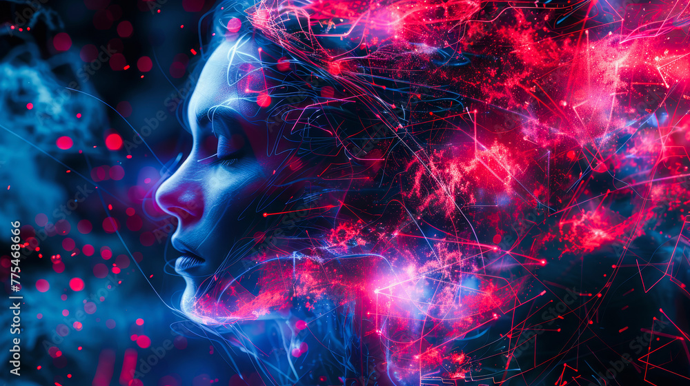 Poster digital illustration of a woman's profile with vibrant blue and red neural network patterns symboliz