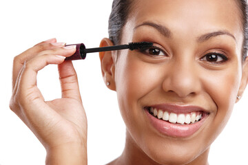 Portrait, mascara for lashes and happy woman with beauty, brush for makeup and tools for volume on...