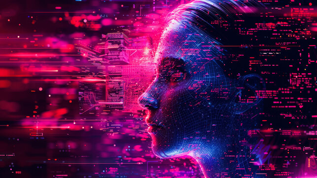 Digital artwork of a human face overlaid with neon circuitry, symbolizing the fusion of humanity and advanced technology.