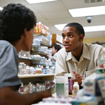 Wide-angle shot of a pharmacist counseling a patient on their medication regimen, providing education and guidance on proper usage. Job ID: cc8e6f1c-034d-4b52-a8ec-34f52e69fab2