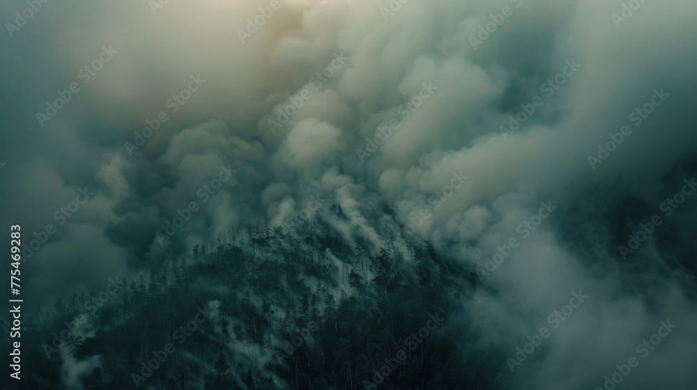 Poster a forested mountain range blanketed in a dense layer of smoke creating an eerie otherworldly atmosph
