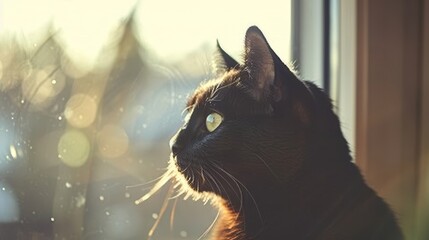 Majestic black cat with hypnotizing green eyes in tranquil gray brown sunlit room - obrazy, fototapety, plakaty