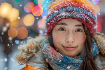 Young Woman Smiling in Snowfall Wearing Colorful Knit Hat and Winter Scarf with Festive Bokeh Lights Background