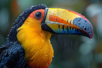 Naklejka premium Colorful toucan in the rain, a vibrant spectacle with its vivid beak colors and wet feathers against the lush green tropical backdrop.