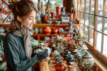 Smiling Young Woman Shopping for Traditional Pottery in a Cozy Craft Store During Holiday Season