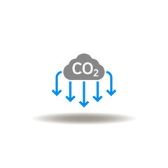 Vector illustration of cloud with CO2 and arrows down. Icon of reduction carbon dioxide emissions. Symbol of CO2 pollution reduce.