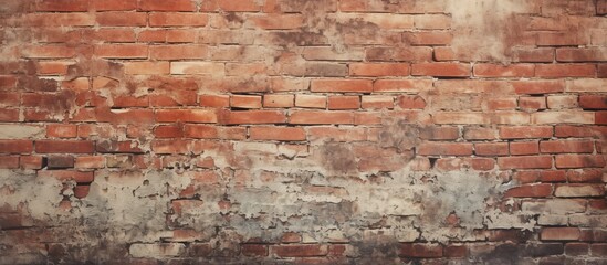 Detailed view of a textured brick wall with a prominent white and red sign attached