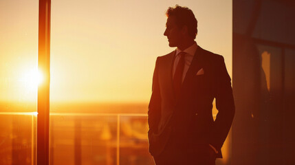 A man in a tailored suit stands against a window his silhouette defined by the warm glow of the setting sun. The smooth silk of his tie and pocket square adds a touch of luxury to . - obrazy, fototapety, plakaty