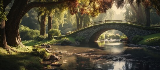 A scenic view of a sturdy bridge stretching over a tranquil river surrounded by lush green trees in the forest - obrazy, fototapety, plakaty