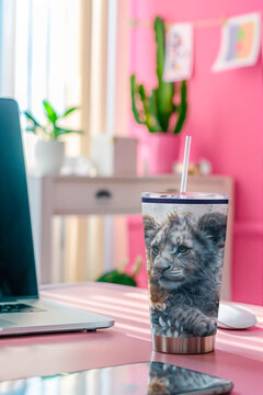 A personalized thermal cup with the image of a beautiful lion drawn in pencil. Generated by AI.