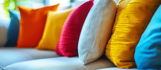 A close up of a couch with a bunch of pillows on it - obrazy, fototapety, plakaty