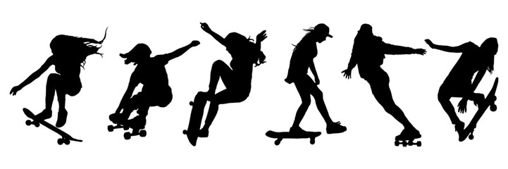 Set of silhouette illustrations, skater girl skateboarding in vector form