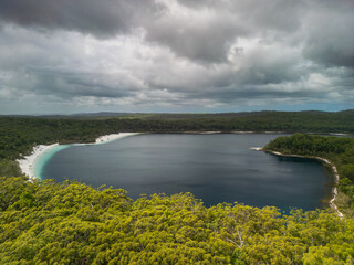 Aerial views of Lake McKenzie on the sand island of K’gari, Queensland, Australia