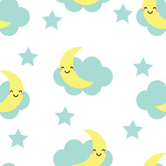 Cartoon-style Seamless Pattern of Clouds, Moon, and Stars on a white Background