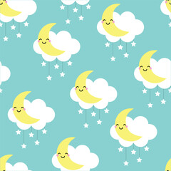 Cartoon-style Seamless Pattern of Clouds, Moon, and Stars on a blue Background