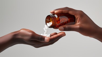 White pills capsules placed in the black hands. Pharmaceutical industry. Man holding brown, glass bottle, tube isolated on light background. Packaging for pill, Product branding mockup. 