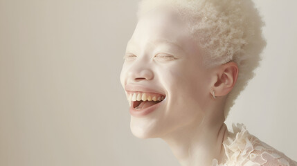 cute albino smiling, International Albinism Awareness Day, albino awareness day, portrait of beautiful albino model, genetic feature, pure snow-white skin, - obrazy, fototapety, plakaty