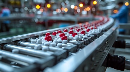 Pills and Capsules Manufacturing Process. Close-up Shot of Medical Drug Production Line. White Painkiller Pills are Moving on Conveyor at Modern Pharmaceutical Factory. 