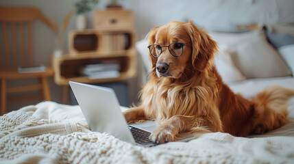 Cute golden retriever pet looking into computer laptop working in glasses. Dog blogger. Home office.