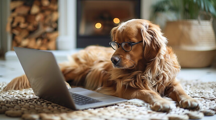 Cute golden retriever pet looking into computer laptop working in glasses. Dog blogger. Home office.