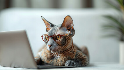 Portrait of Sphynx cat with computer keyboard lying on window board, close-up. Cat with glasses watching movies on laptop.