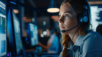 female call center agent with headset looking screen attending calls working on computer - obrazy, fototapety, plakaty