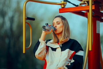 Active Woman Drinking Water After Exercising in a Public Park. Fitness girl rehydrating post...