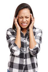 Woman, isolated and pain with hands on temple, headache and frustration in white background or studio. Female person, stressed and medical condition for healthcare, wellness and medicine in backdrop