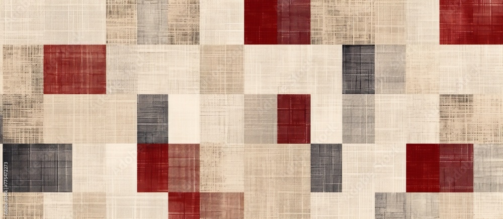 Poster Detailed view of a rug in shades of red and beige with a pattern of squares, perfect for adding warmth and style to any room