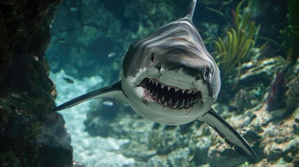 Ocean shark with open toothy dangerous mouth with many teeth. Underwater blue sea clear water. AI...
