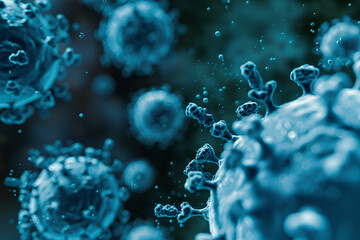 a closeup microscopic photo of blue virus cell, ai generated - obrazy, fototapety, plakaty