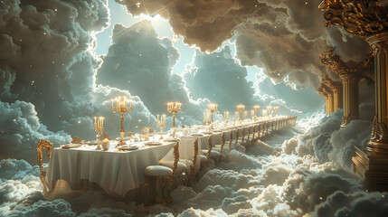 Amidst the clouds in a heavenly realm, a divine banquet takes shape, with tables draped in celestial fabrics and adorned with golden candlestick