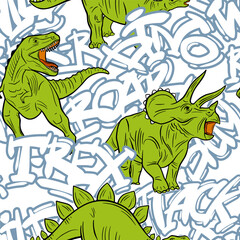 Obraz premium Grunge seamless pattern with dinosaur and graffiti words on white background. Print for boys. 