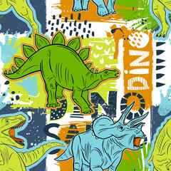 Grunge seamless pattern with dinosaur and graffiti words on white background. Print for boys.  © artlavi_design
