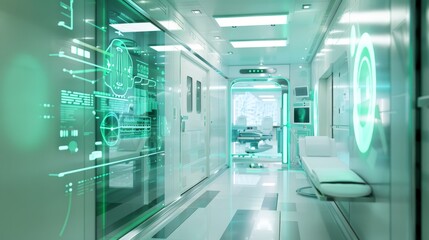 Fototapeta na wymiar Futuristic hospital room with digital interface behind glass door, beautiful details