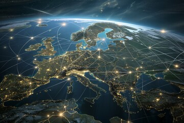 Night view of Europe from orbit with illuminated cities and communication lines