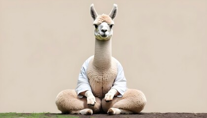 Fototapeta premium Calm looking alpaca or llama wearing simple clothes, sitting on ground in lotus like position. Zen meditation concept. Banner with space for text at side. Generative AI