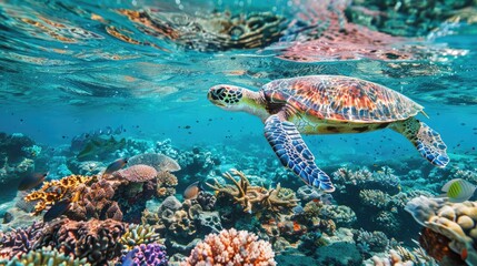 Turtle swimming in the colorful underwater sea world. AI Generated 