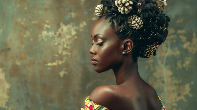 With a serene expression a black woman poses gracefully her hair adorned with a intricate arrangement of Bantu knots and adorned with traditional cowrie shell accessories. She wears .