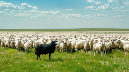 Obraz premium One Black Sheep Among Many White Sheep in a Lush Field